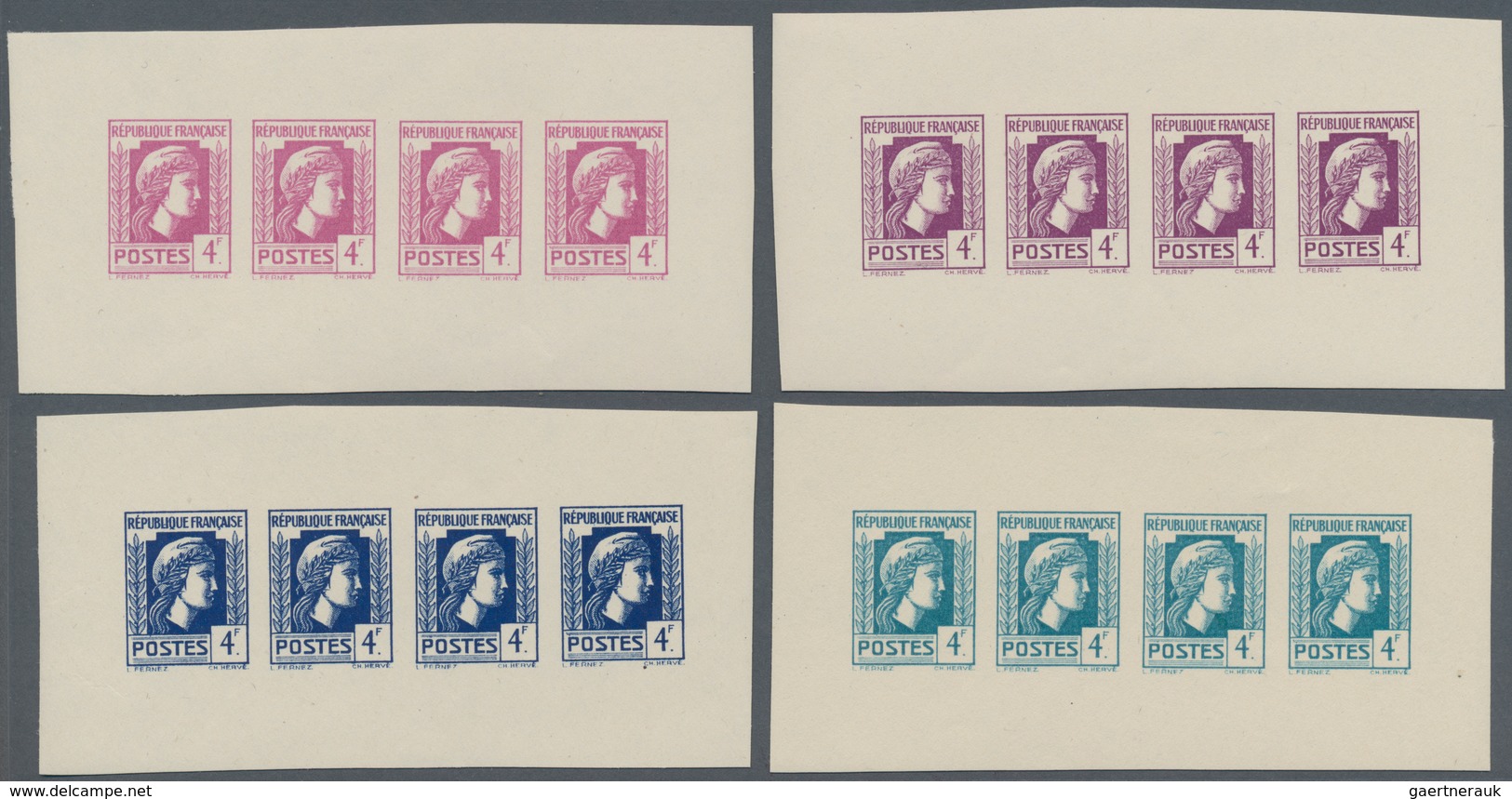 Frankreich: 1944, Definitives "Marianne", Not Issued, 4fr., Group Of Four Imperforated Panes Of Four - Ungebraucht