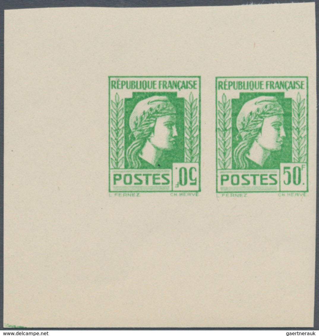 Frankreich: 1944, Definitives "Marianne", Not Issued, 50fr. Yellow-green, Imperforated Essay, Horizo - Ungebraucht