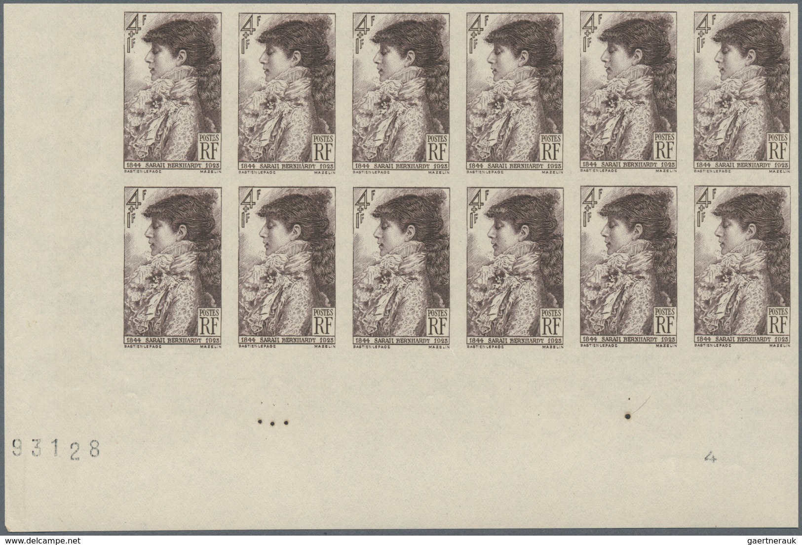 Frankreich: 1945, 100th Birthday Of Sarah Bernhardt 4+1fr. IMPERFORATED Block Of 12 From Lower Left - Ungebraucht