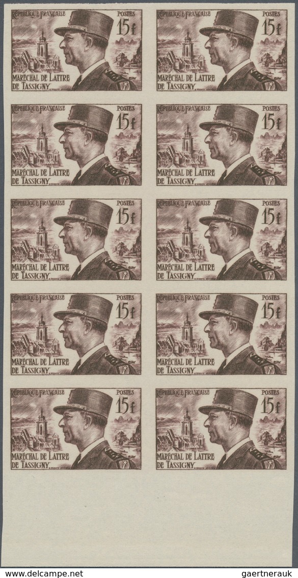 Frankreich: 1952, Marshall De Lattre De Tassigny 15fr. IMPERFORATED Block Of Ten From Lower Margin, - Ungebraucht