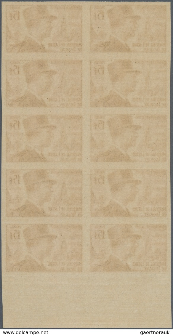 Frankreich: 1952, Marshall De Lattre De Tassigny 15fr. IMPERFORATED Block Of Ten From Lower Margin, - Ungebraucht