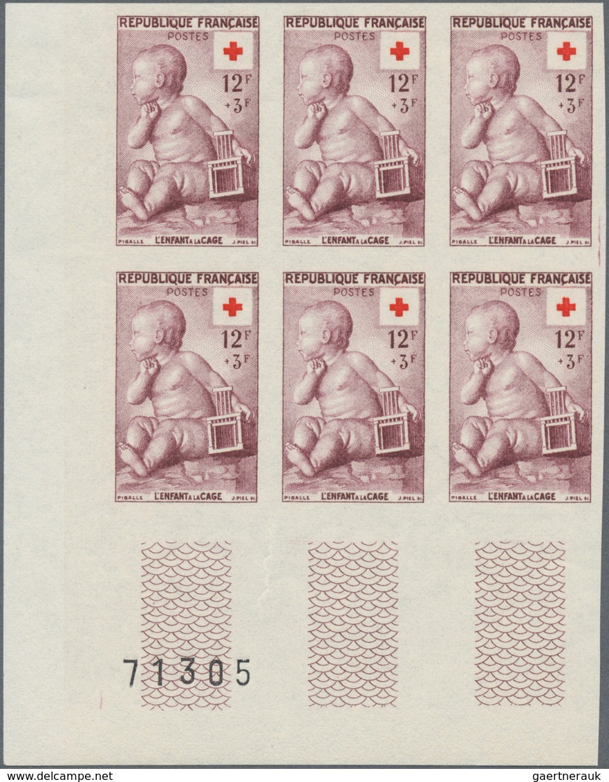 Frankreich: 1955, RED CROSS Set Of Two 'Sculptures' In IMPERFORATED Blocks Of Six From Lower Left Co - Ungebraucht