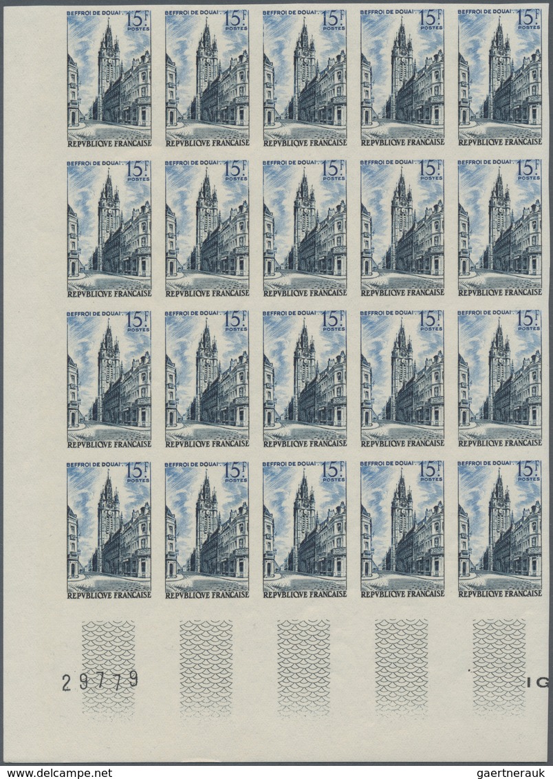 Frankreich: 1956, Campanile Of Douai Church 15fr. IMPERFORATED Block Of 20 From Lower Left Corner, M - Ungebraucht