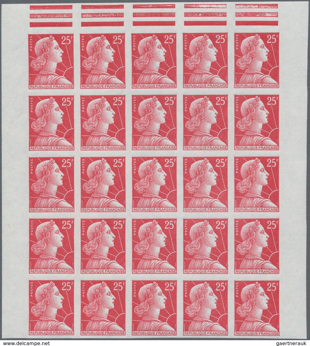 Frankreich: 1959, Definitive Issue 'Marianne (Muller)' 25fr. Carmine-red IMPERFORATED Block Of 25 Fr - Ungebraucht