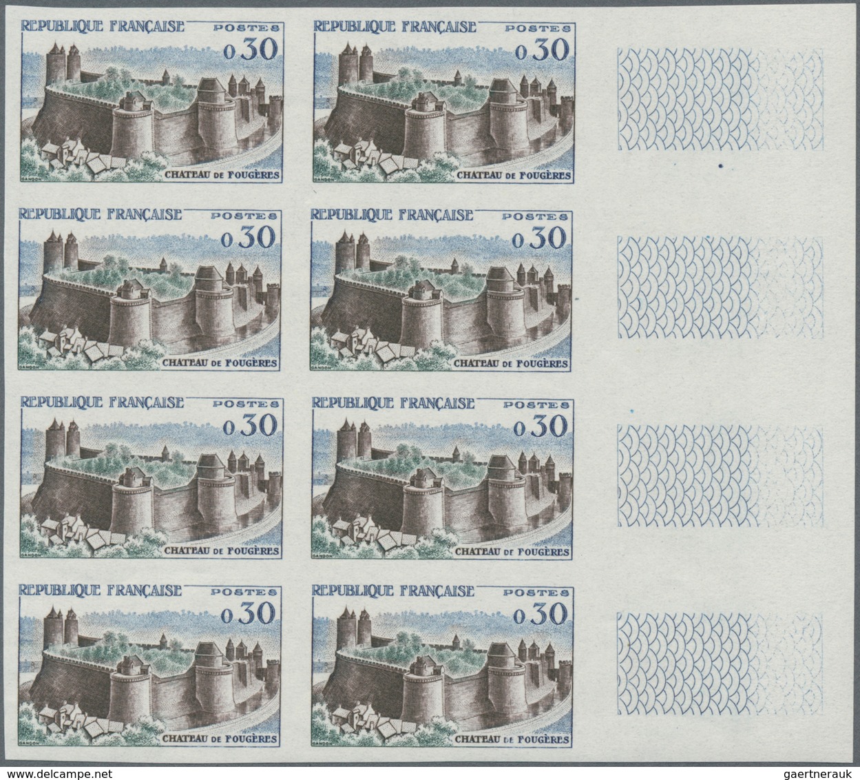 Frankreich: 1960, Definitives 'buildings And Landscapes' Complete Set Of Seven In IMPERFORATED Block - Ungebraucht