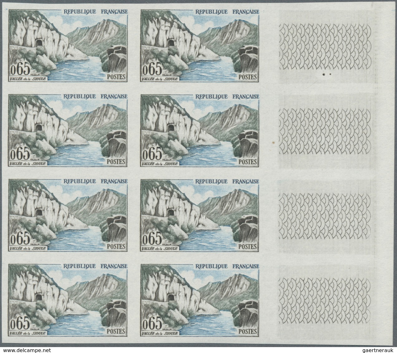 Frankreich: 1960, definitives 'buildings and landscapes' complete set of seven in IMPERFORATED block