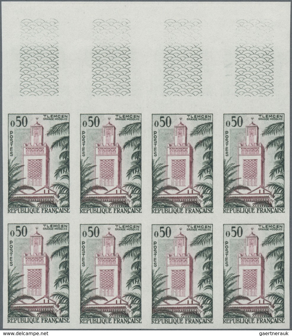Frankreich: 1960, definitives 'buildings and landscapes' complete set of seven in IMPERFORATED block