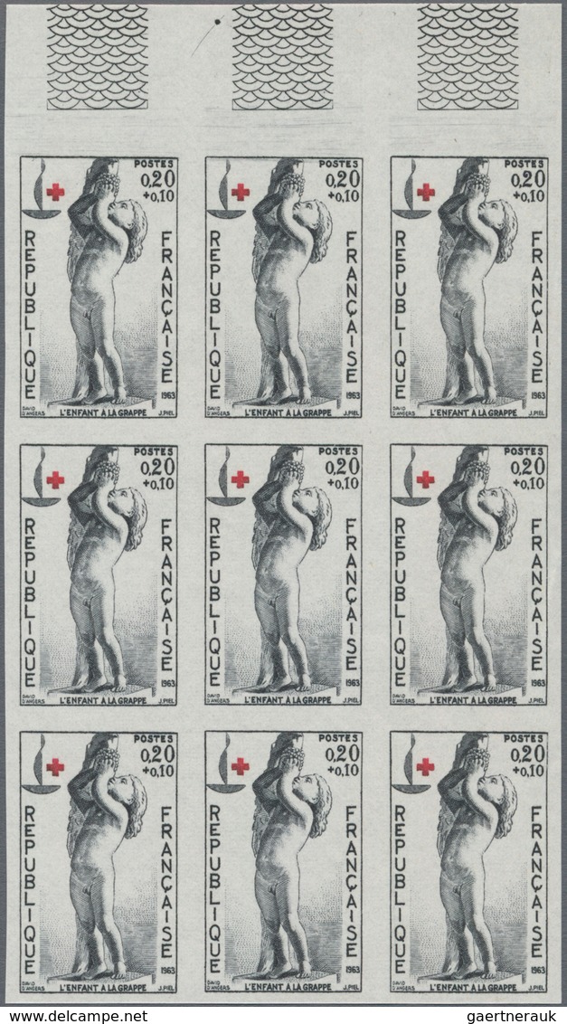 Frankreich: 1963, RED CROSS Set Of Two (sculpture And Painting) In IMPERFORATED Blocks Of Nine From - Ungebraucht