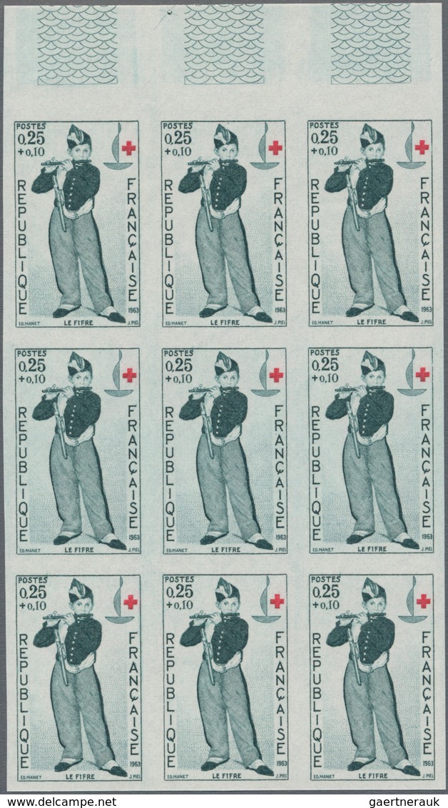 Frankreich: 1963, RED CROSS Set Of Two (sculpture And Painting) In IMPERFORATED Blocks Of Nine From - Ungebraucht