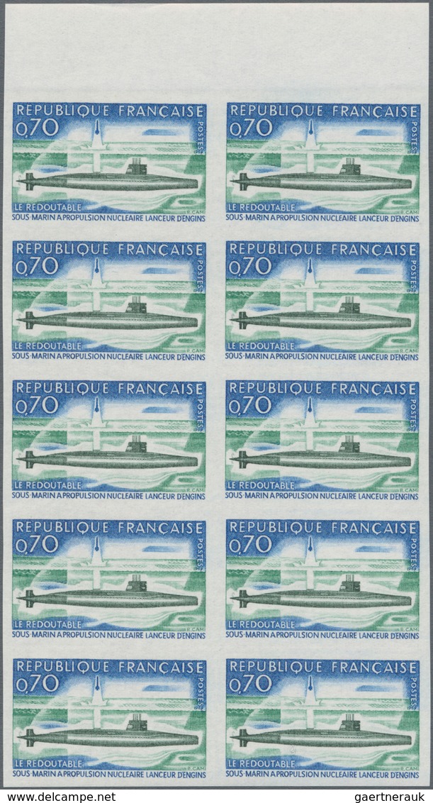 Frankreich: 1969, Atomic Submarine 'Redoutable' 0.70fr. IMPERFORATED Block Of Ten From Upper Margin, - Unused Stamps