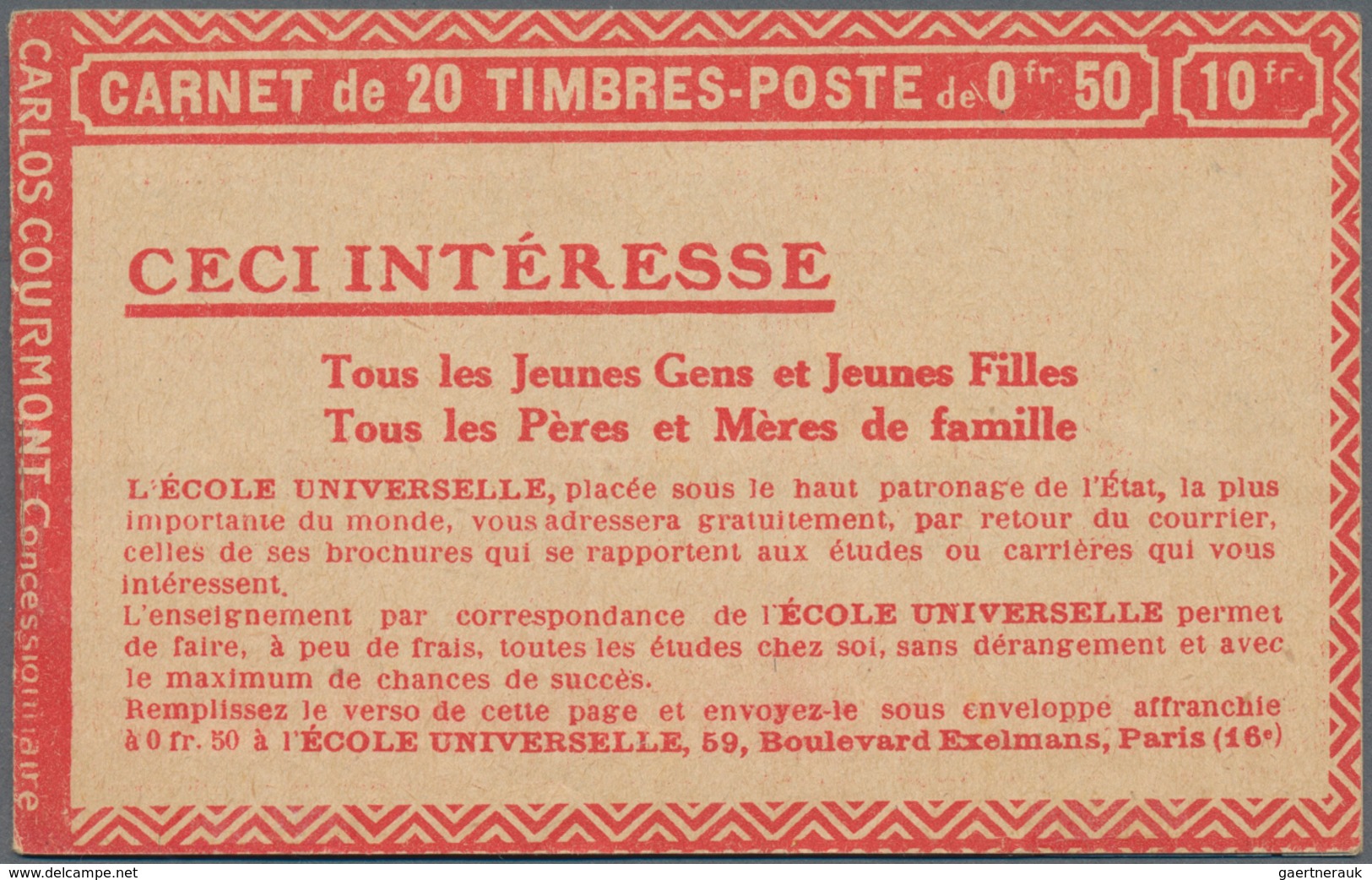 Frankreich - Markenheftchen: 1926 (ca.), Complete Booklet 10fr. Containing 20 X Sawer 50c. Red In On - Andere & Zonder Classificatie