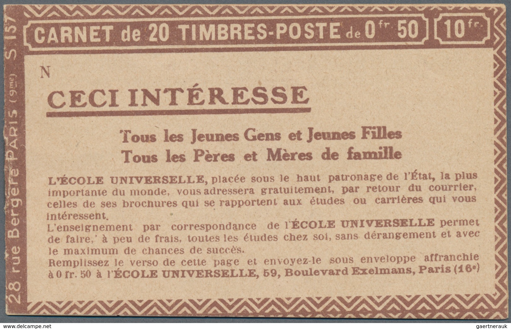 Frankreich - Markenheftchen: 1926 (ca.), Complete Booklet 10fr. Containing 20 X Sawer 50c. Red In On - Sonstige & Ohne Zuordnung