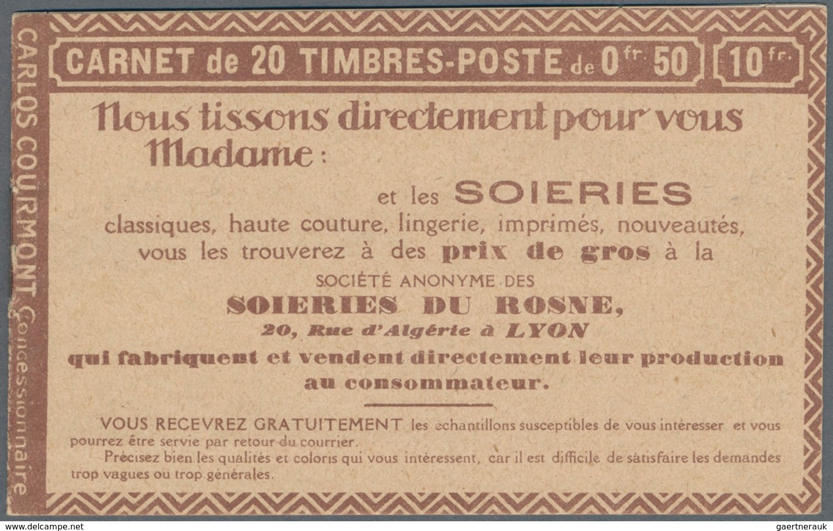 Frankreich - Markenheftchen: 1926 (ca.), Complete Booklet 10fr. Containing 20 X Sawer 50c. Red In On - Other & Unclassified