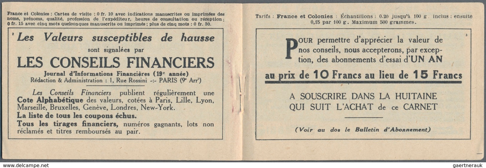Frankreich - Markenheftchen: 1925 (ca.), Complete Booklet 6fr. Containing 20 X Sawer 30c. Pale Blue - Other & Unclassified