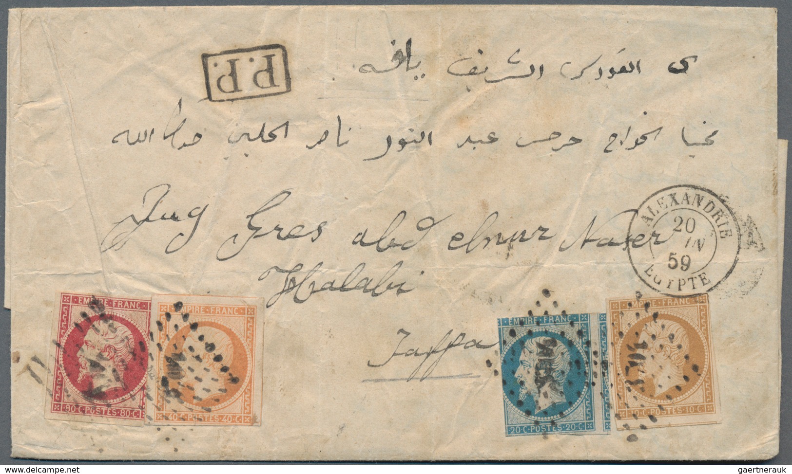 Französische Post In Ägypten - Alexandria: 1859, Empire Nd 10c. Bistre, 20c. Blue, 40c. Orange And 8 - Sonstige & Ohne Zuordnung