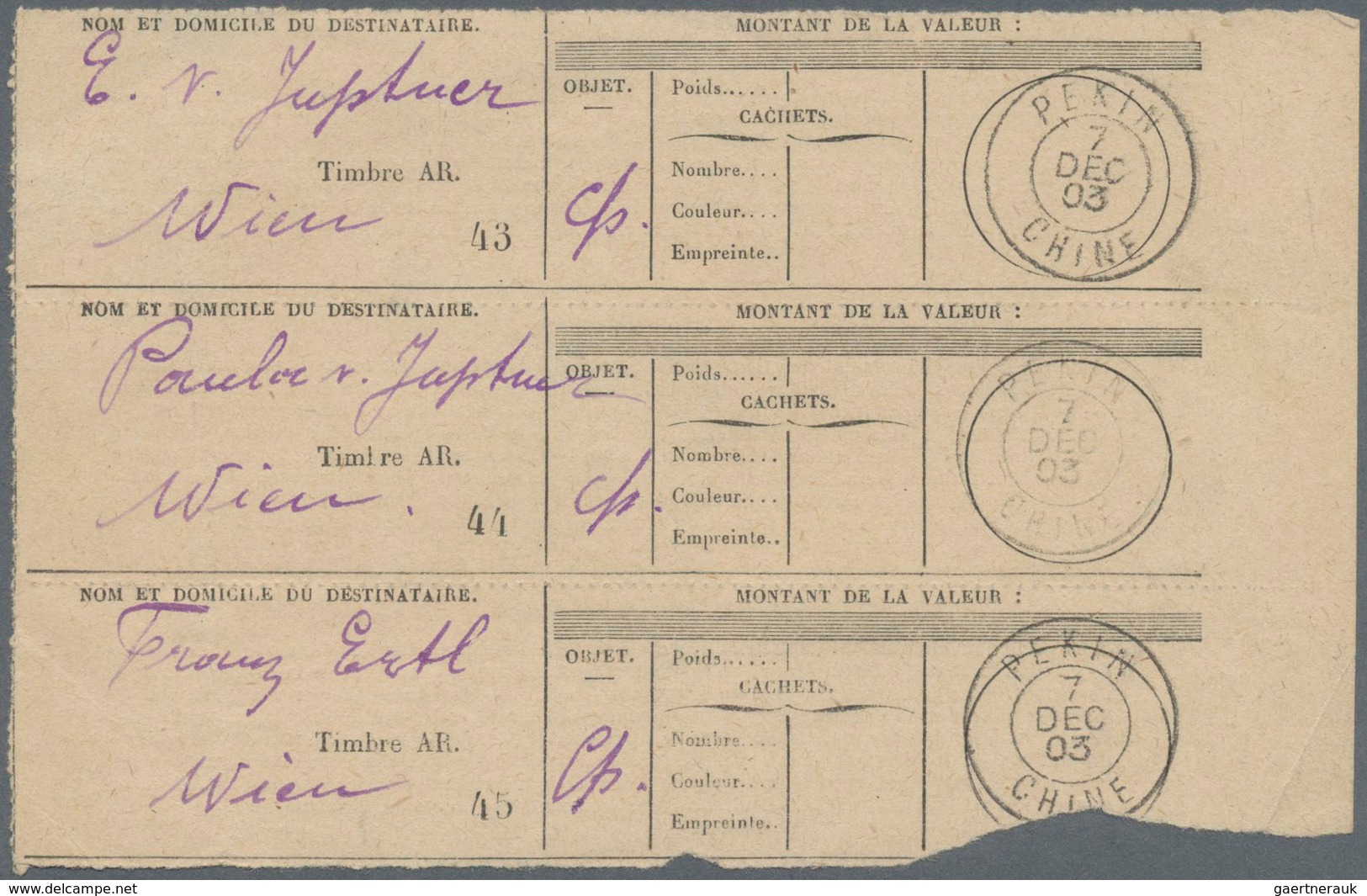 Französische Post In China: 1903 Three Receipts For Three Shipments To Vienna, Below Roughly Separat - Other & Unclassified