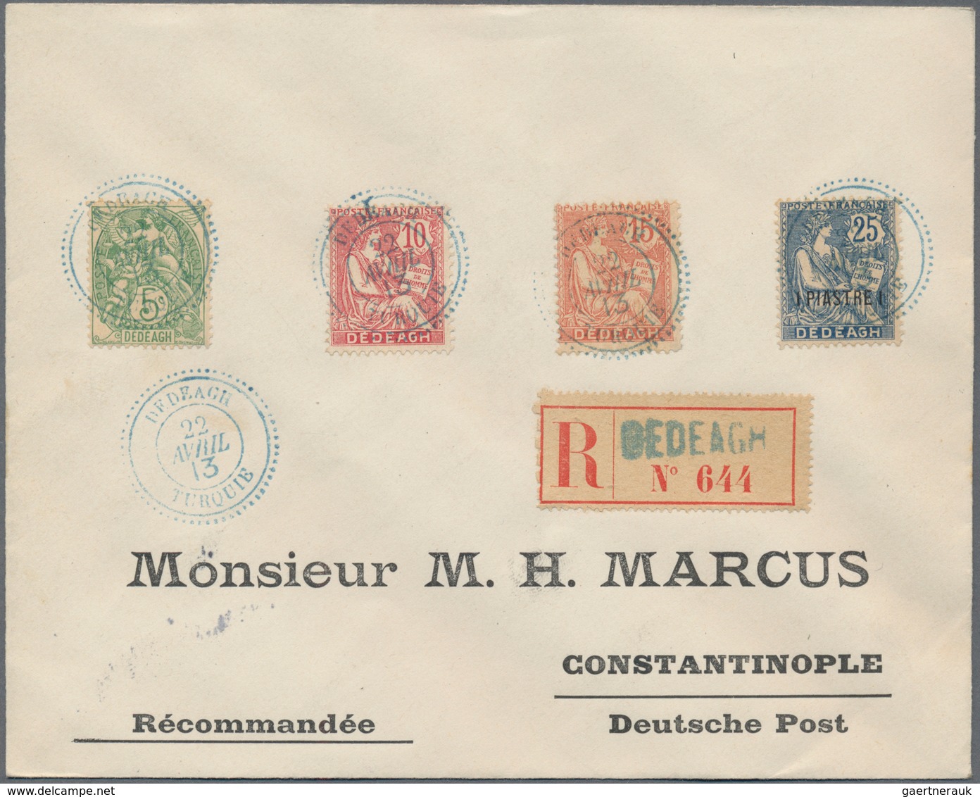 Französische Postdampfer-Agenturen: Dedeagatsch: 1913, 5c.-8pi. On 2fr., Complete Set Of Seven Value - Sonstige & Ohne Zuordnung