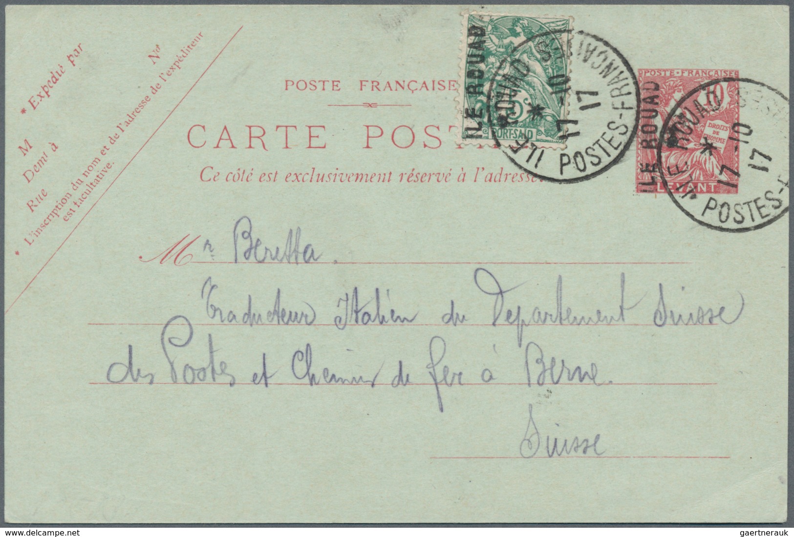 Französische Besetzung I. WK - Insel Ruad: 1917, Stationery Card 10c. Red With Surcharge Reading Upw - Other & Unclassified