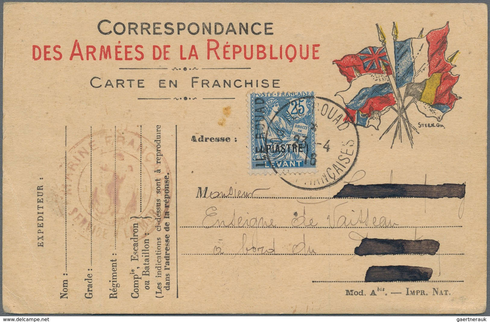 Französische Besetzung I. WK - Insel Ruad: 1916, 1pi. On 25c. Blue, Single Franking On Military Mail - Sonstige & Ohne Zuordnung