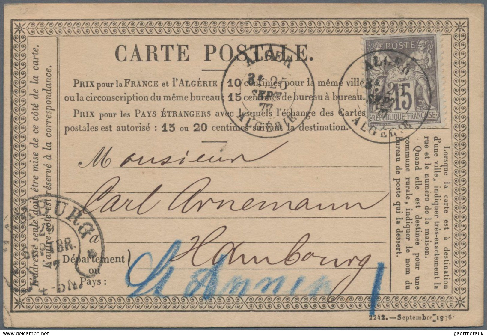 Frankreich - Ganzsachen: 1876 Commercially Used Carte-précuseur From Algier To Hamburg, Arrival Canc - Sonstige & Ohne Zuordnung