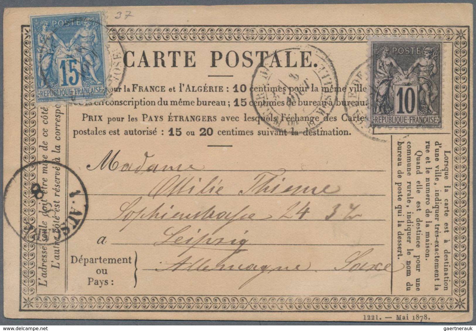 Frankreich - Ganzsachen: 1878 Mai! Commercially Used Carte-précuseur From Gare De Nancy (TPO) To Lei - Other & Unclassified