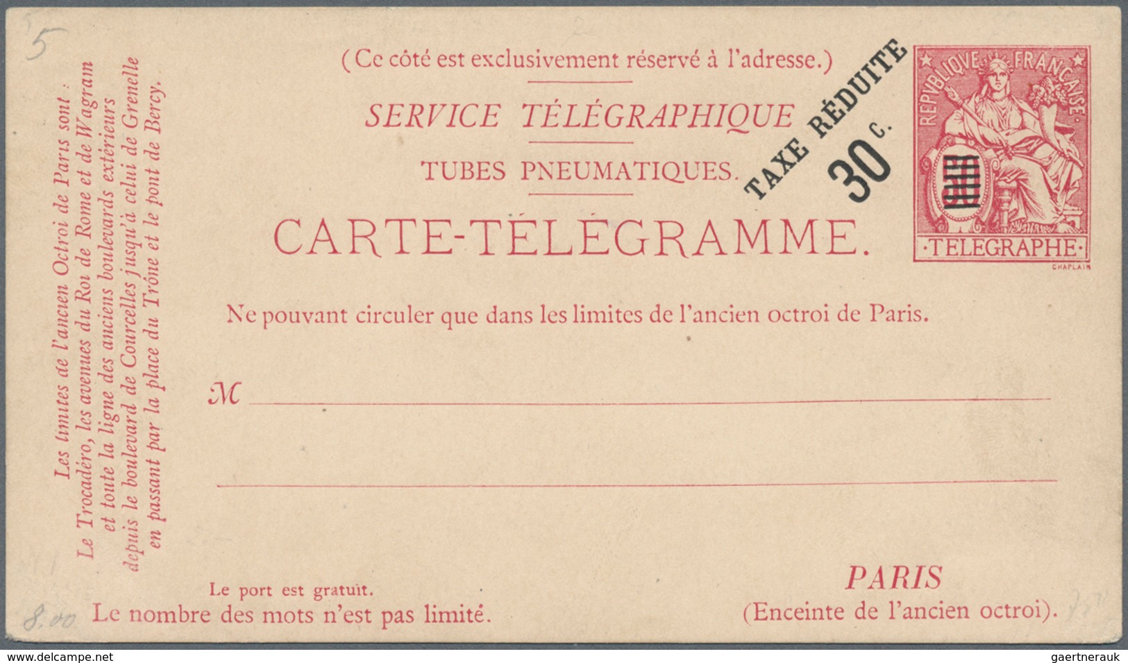 Frankreich - Ganzsachen: 1880, 50 C/50 C Carmine Pneumatic Double Postcard, 30 C On 50 C Overprint P - Other & Unclassified