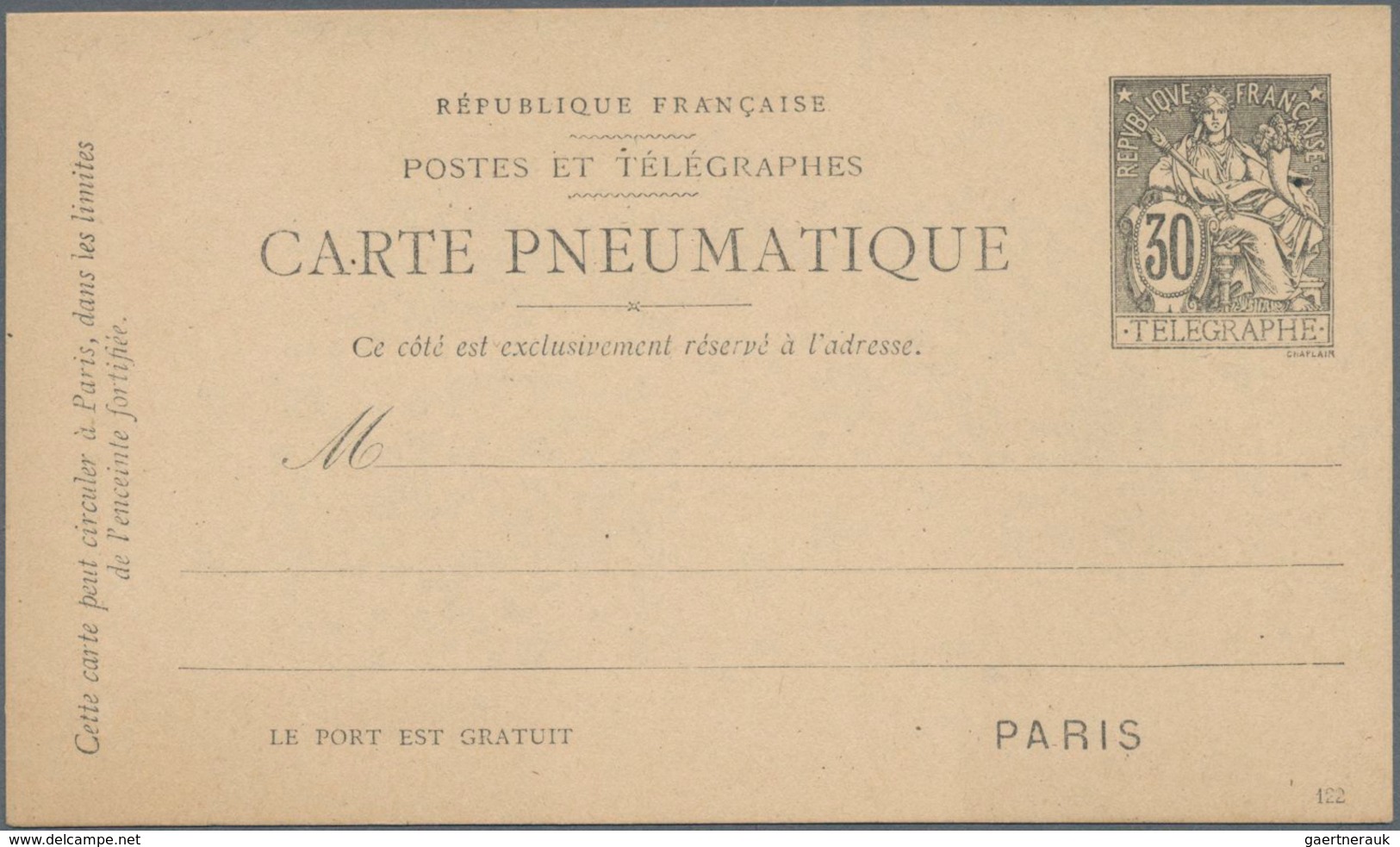 Frankreich - Ganzsachen: 1899 Unused Postal Stationery Tube Postcard 30 (c) Black For The Parisian T - Other & Unclassified