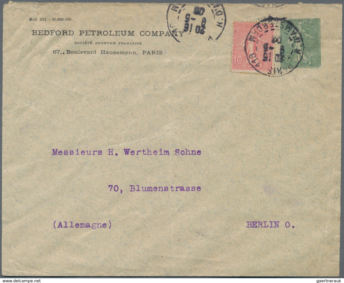 Frankreich - Ganzsachen: 1906. Private Envelope 15c Semeuse Lignée "Bedford Petroleum Company, Paris - Sonstige & Ohne Zuordnung