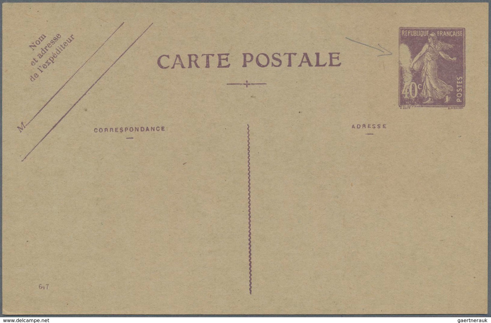 Frankreich - Ganzsachen: 1926 Unused Postal Stationery Card Type "semeuse Camée" 40 C Violet, With I - Sonstige & Ohne Zuordnung