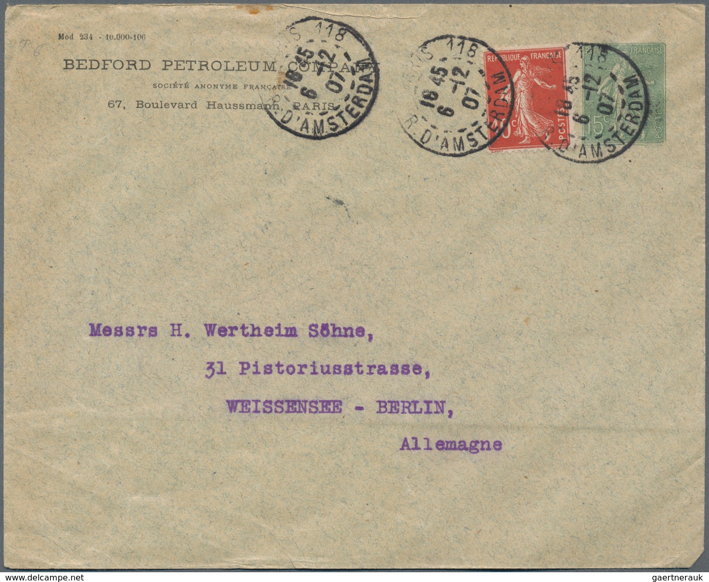 Frankreich - Ganzsachen: 1907. Private Envelope 15c Semeuse Lignée "Bedford Petroleum Company, Paris - Other & Unclassified