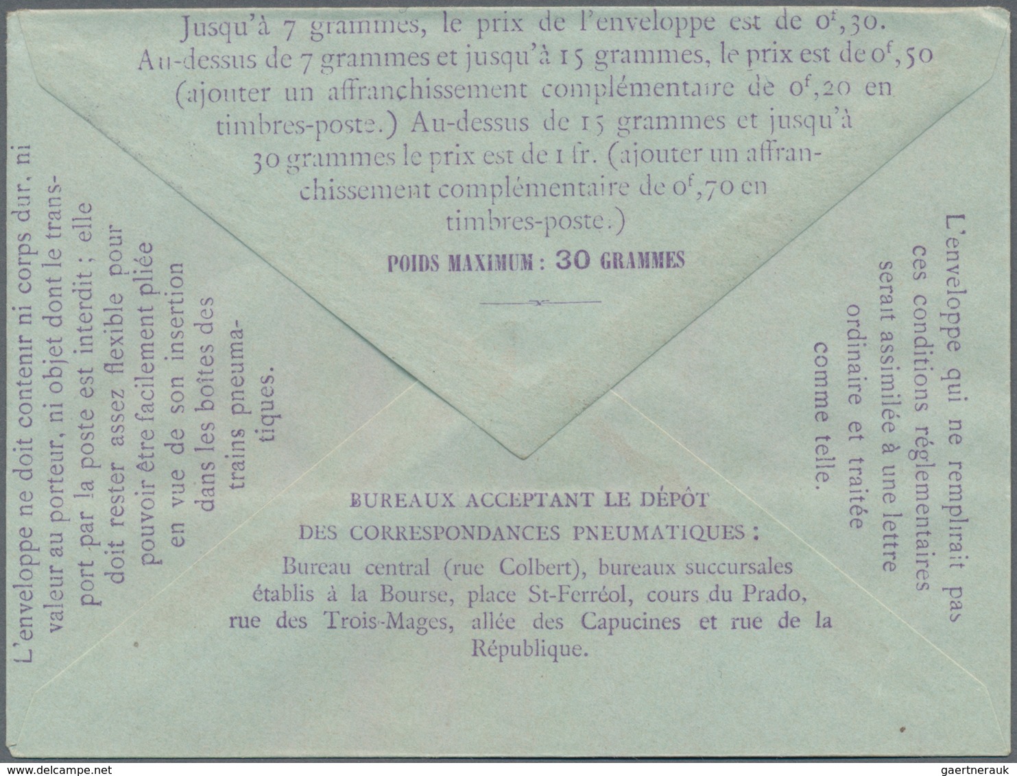 Frankreich - Ganzsachen: 1910, 30c Violet On Postal Stationery Cover For Pneumatic Post In Marseille - Sonstige & Ohne Zuordnung