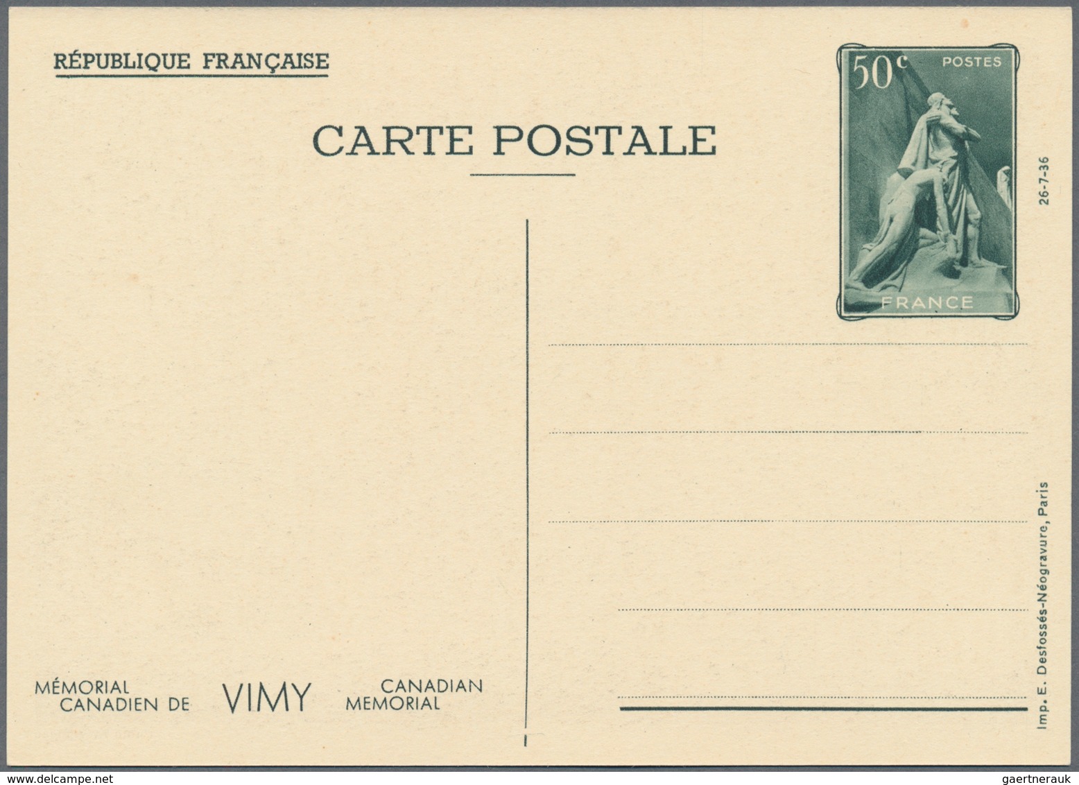 Frankreich - Ganzsachen: 1938, 50 C Vimy postal stationery picture postcards, complete set of 10 ite