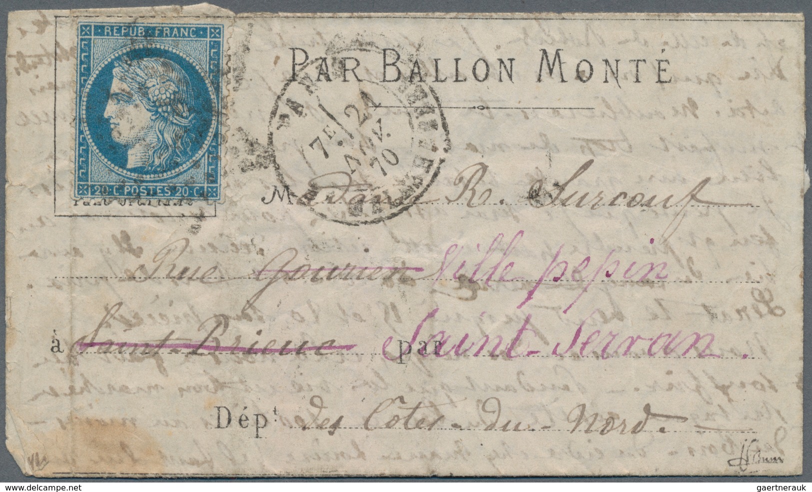 Frankreich - Ballonpost: 1870, 24 November, "VILLE D'ORLEANS", Letter Franked With Siege 20c. Blue, - 1960-.... Briefe & Dokumente