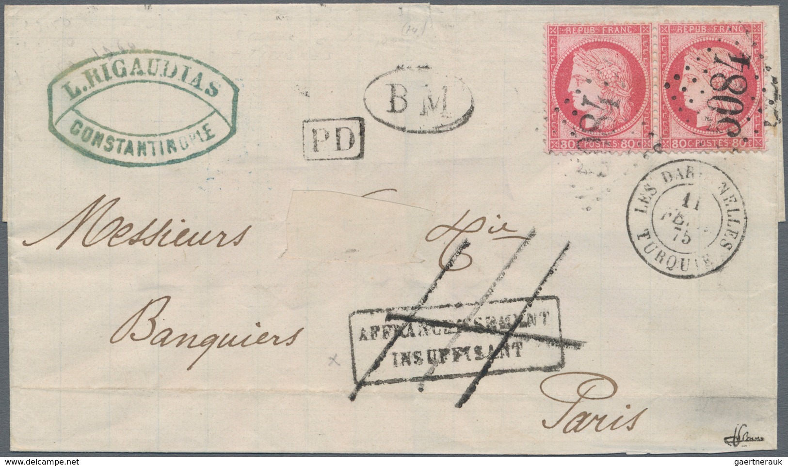 Frankreich - Besonderheiten: 1875, PD Letter Franked By A Horizontal Pair Of 80c Red Ceres Canceled - Other & Unclassified