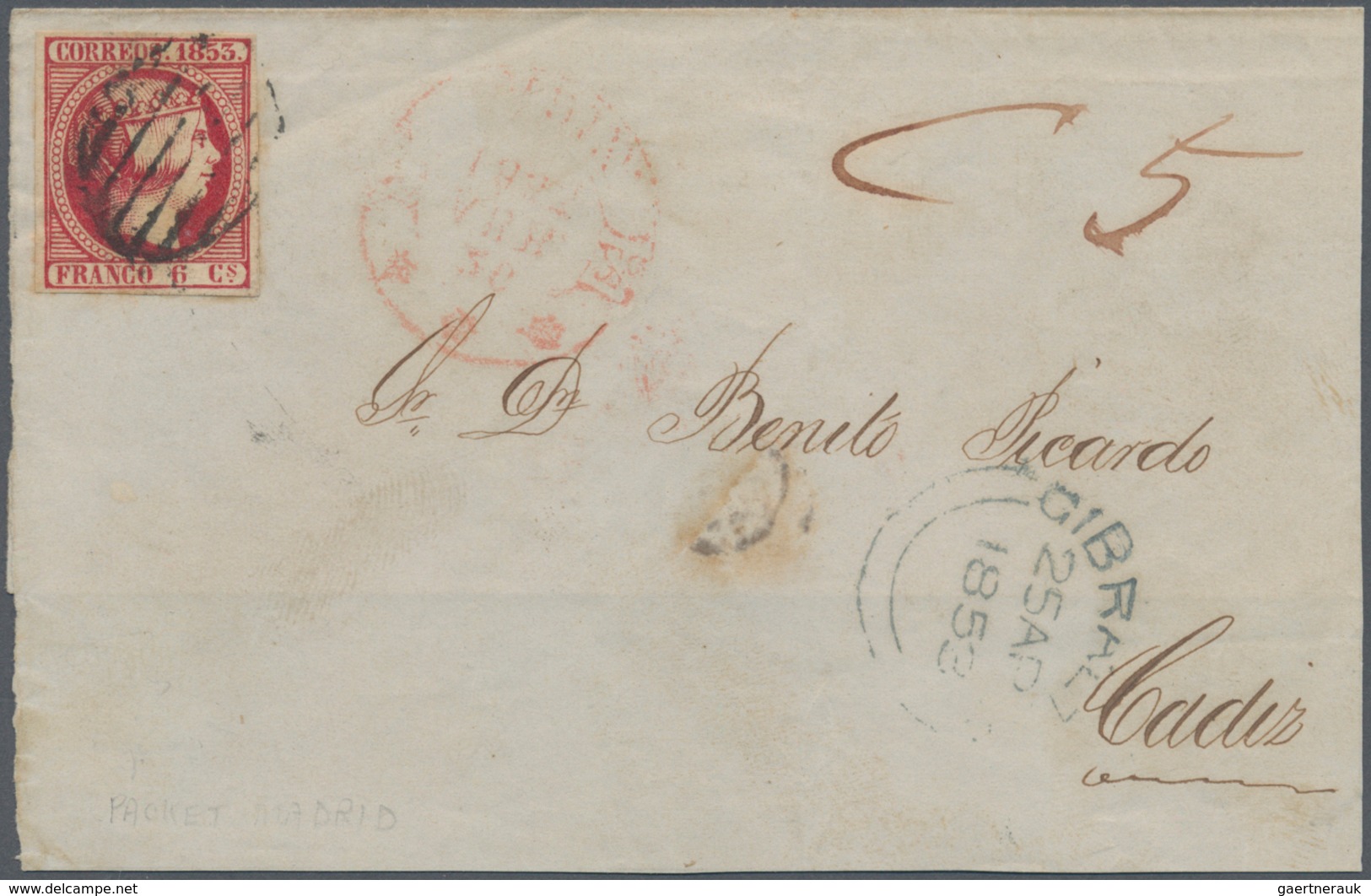 Gibraltar: 1853. Letter From GIBRALTAR To ALMERIA Franked With SPANISH 6 Cuartos Red "Isabel II" Tie - Gibraltar