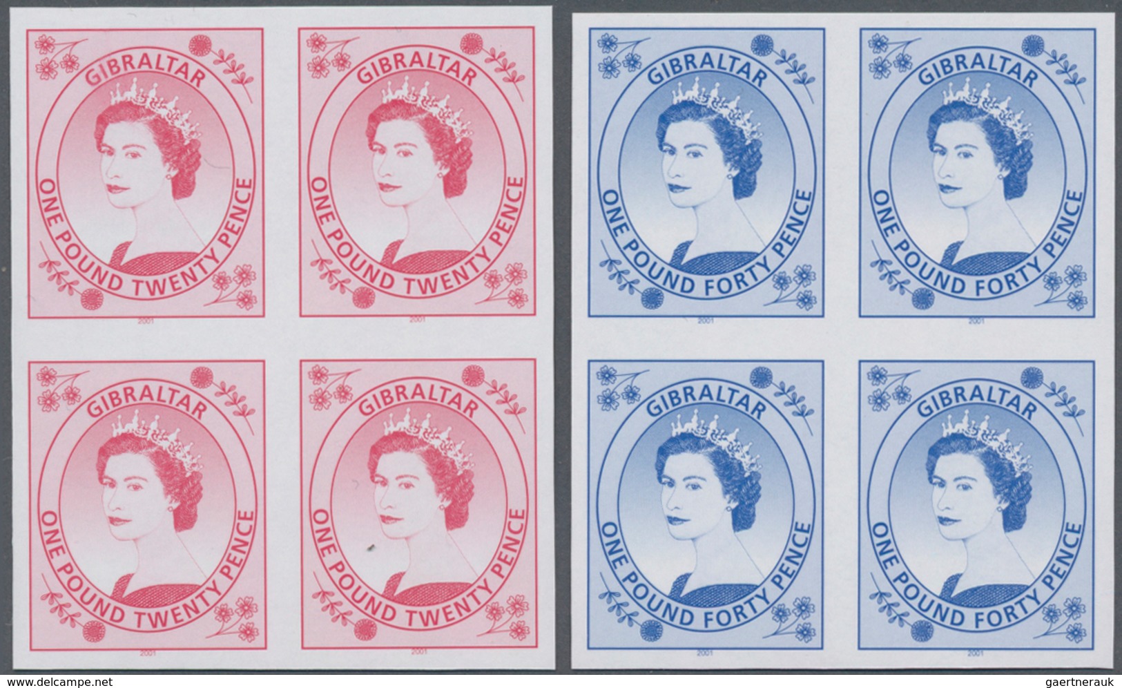 Gibraltar: 2001. Complete Definitives Set "Queen Elizabeth II" (2 Values) In IMPERFORATE Blocks Of 4 - Gibraltar