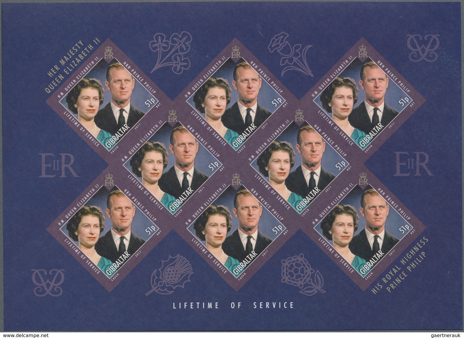 Gibraltar: 2011, QEII and Prince Philip complete set of six in IMPERFORATE sheetlets with eight stam