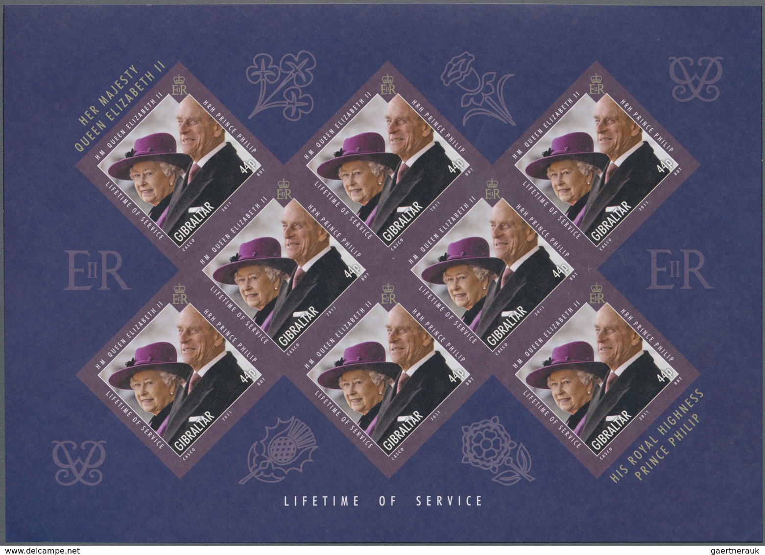 Gibraltar: 2011, QEII and Prince Philip complete set of six in IMPERFORATE sheetlets with eight stam
