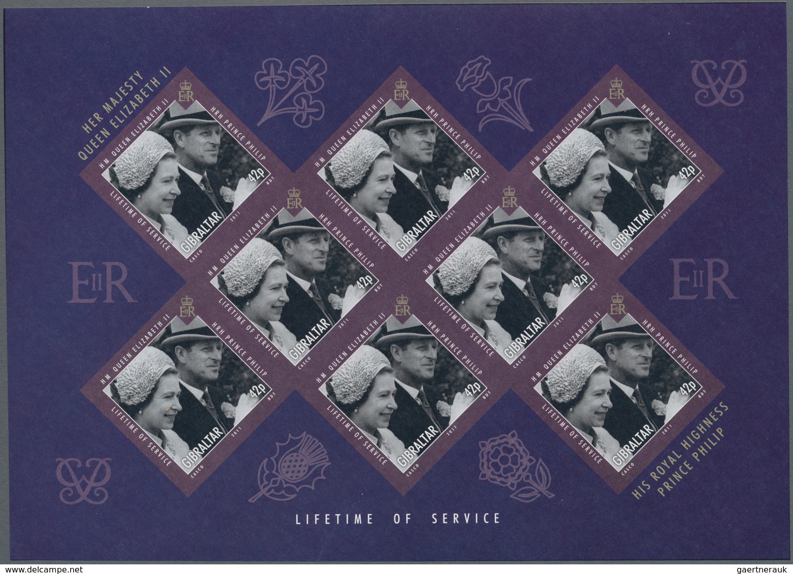 Gibraltar: 2011, QEII and Prince Philip complete set of six in IMPERFORATE sheetlets with eight stam