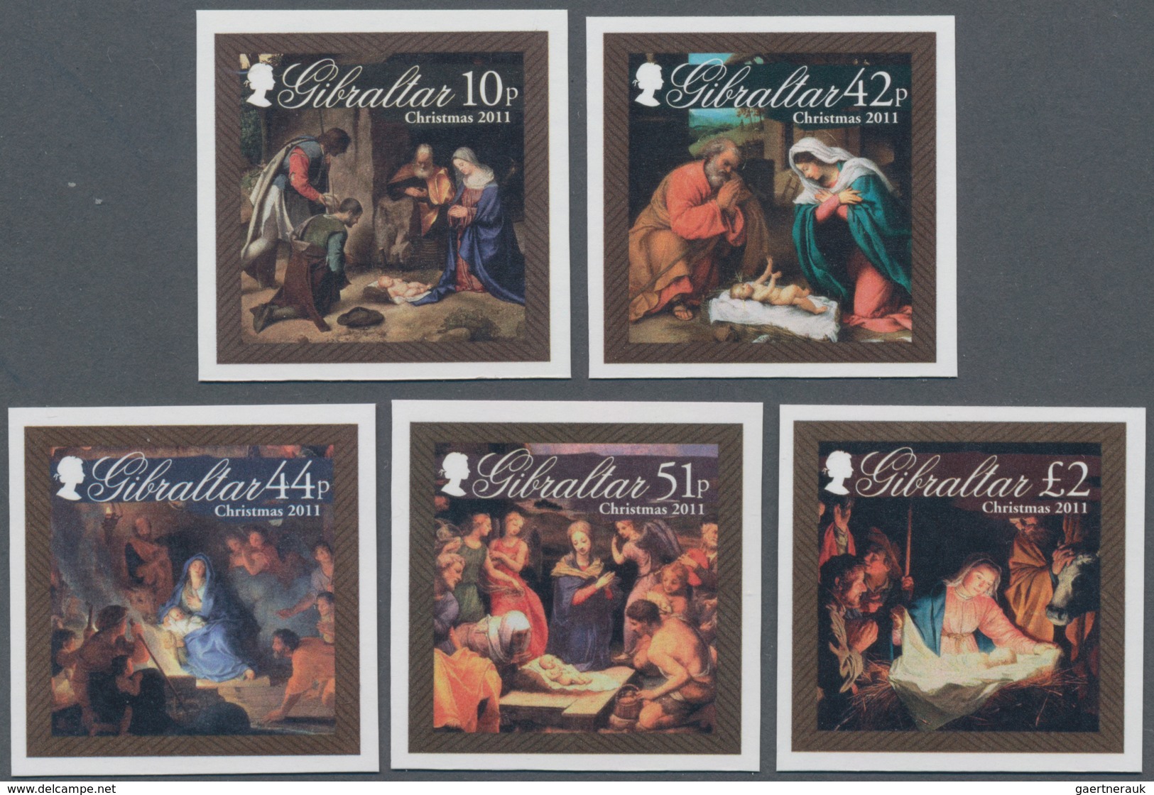 Gibraltar: 2011. Complete Set "Christmas" (5 Values) In IMPERFORATE Single Stamps Showing Christ Bir - Gibraltar