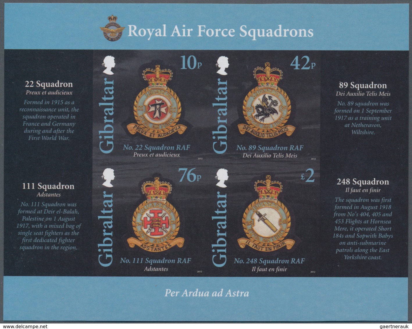 Gibraltar: 2012. IMPERFORATE Souvenir Sheet "Royal Air Force Squadrons" (4 Values) Showing "Squadron - Gibraltar