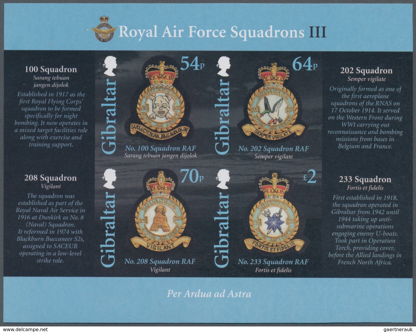 Gibraltar: 2014. IMPERFORATE Souvenir Sheet "Royal Air Force Squadrons" (4 Values) Showing "Squadron - Gibraltar