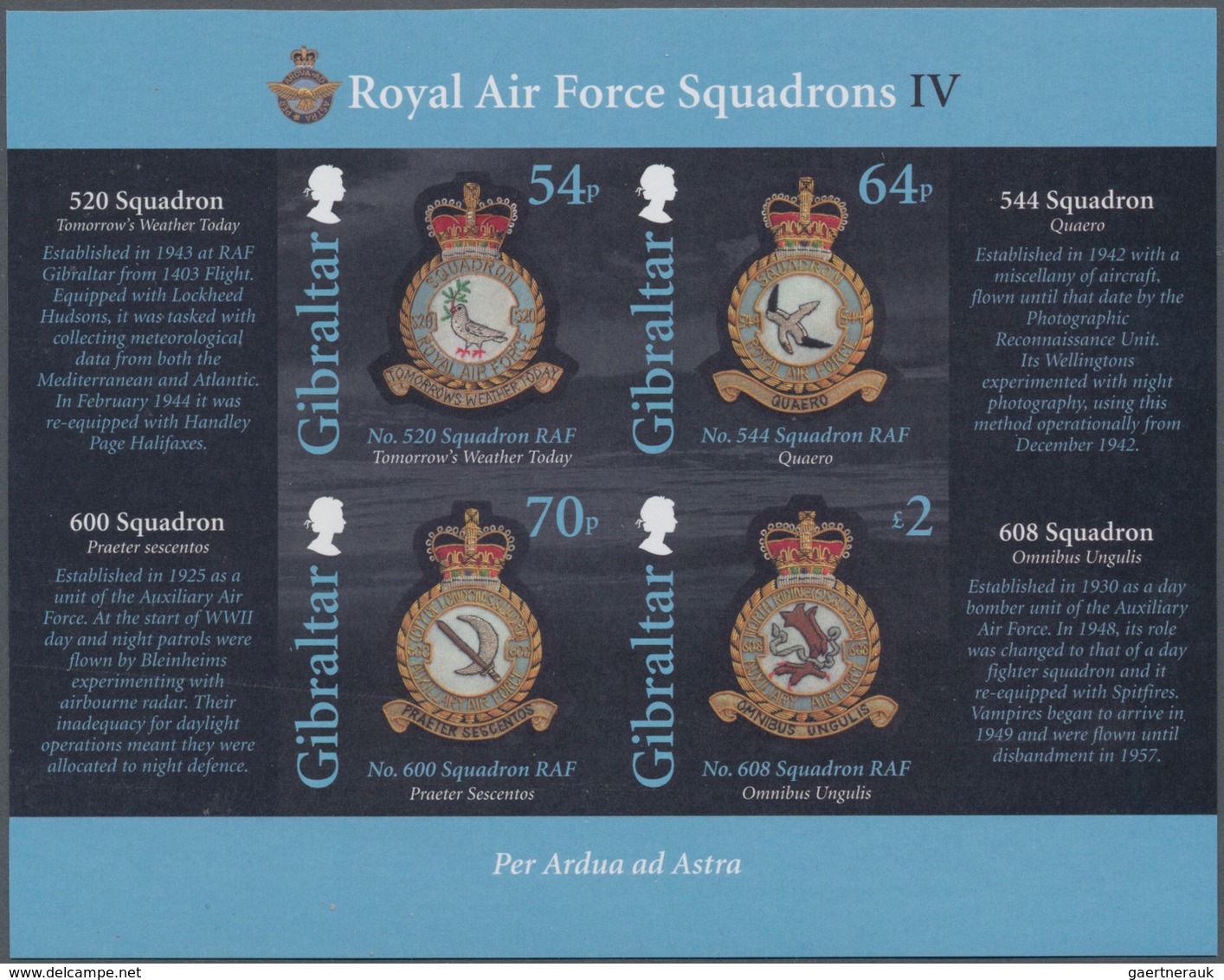 Gibraltar: 2015. IMPERFORATE Souvenir Sheet "Royal Air Force Squadrons" (4 Values) Showing "Squadron - Gibraltar