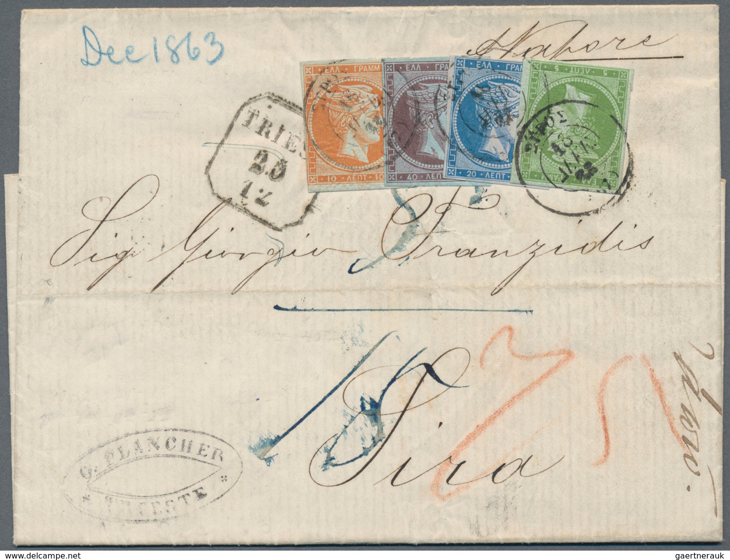 Griechenland: 1863, Folded Letter Without Stamps From Triest Nach SYRA With Tax "75" And Afterfranki - Covers & Documents