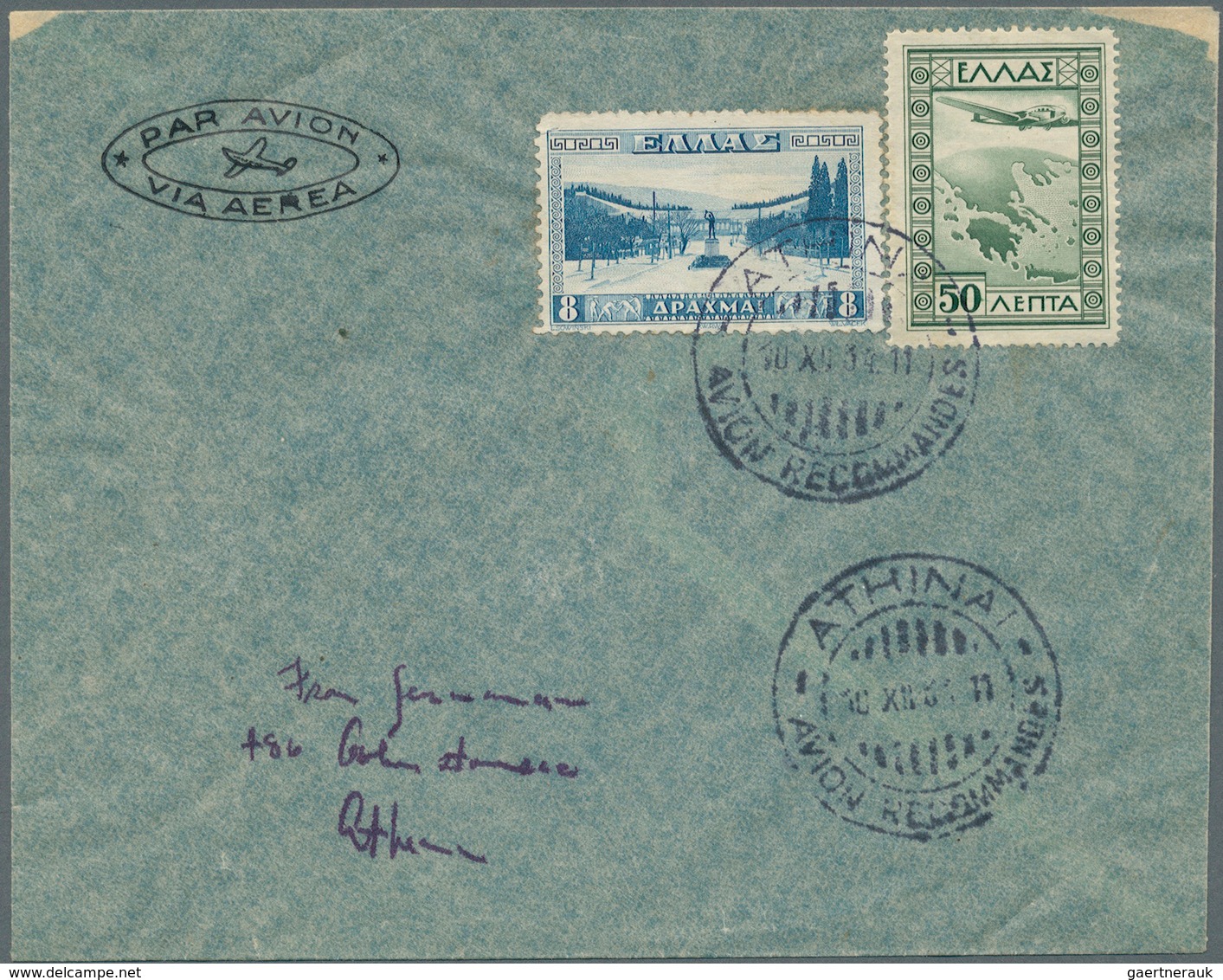 Griechenland: 1934, 8 Dr. Stadium (slight Faults) With 50 L. Airmail On First Day Cover "Athinai 10. - Briefe U. Dokumente