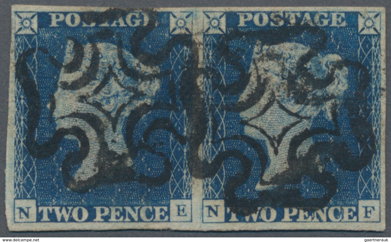 Großbritannien: 1840 2d. Blue Horizontal Pair, Lettered N-E/N-F, Used And Cancelled By Two Superb St - Sonstige & Ohne Zuordnung