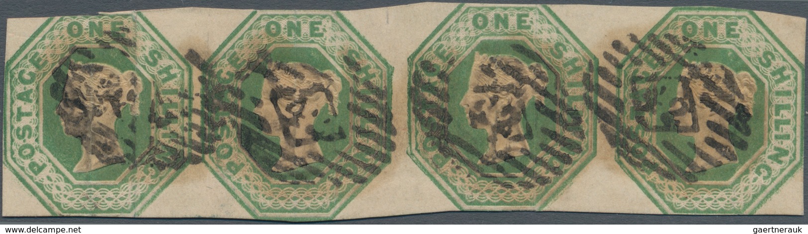 Großbritannien: 1847, QV Embossed Octagonal 1s. Green Horizontal Strip Of Four With Barred Numerals - Other & Unclassified