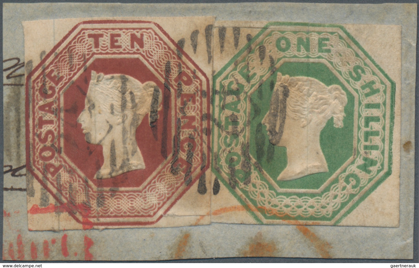 Großbritannien: 1847-54 Embossed 1s. Green (Die 2) And 10d. Brown (Die 3) Used On Small Piece Of Reg - Other & Unclassified