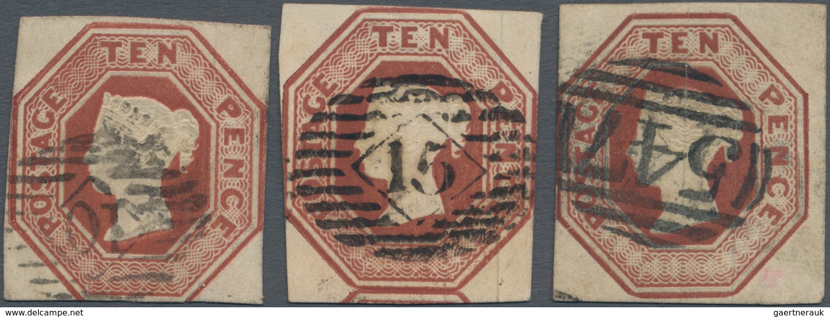 Großbritannien: 1848, QV Embossed Octagonal 10d. Brown Three Singles With Barred Numerals '10', '15' - Sonstige & Ohne Zuordnung