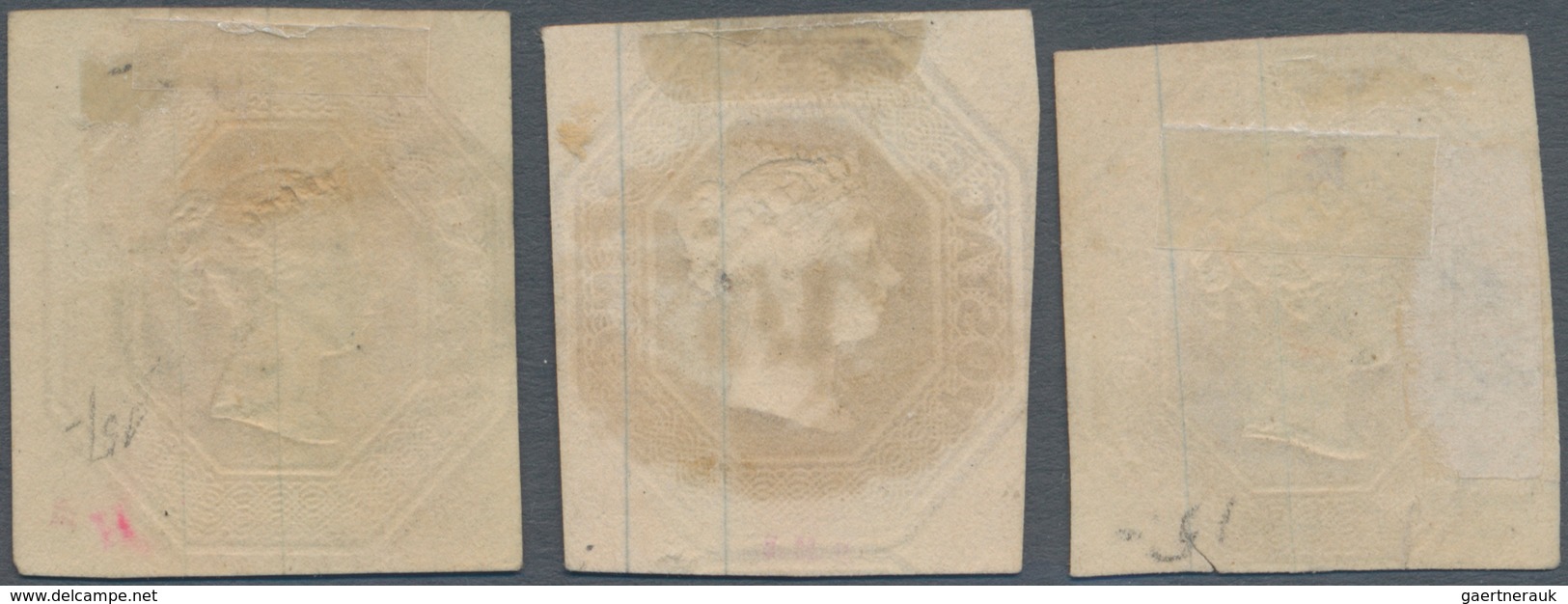 Großbritannien: 1848, QV Embossed Octagonal 10d. Brown Three Singles With Barred Numerals '10', '15' - Other & Unclassified